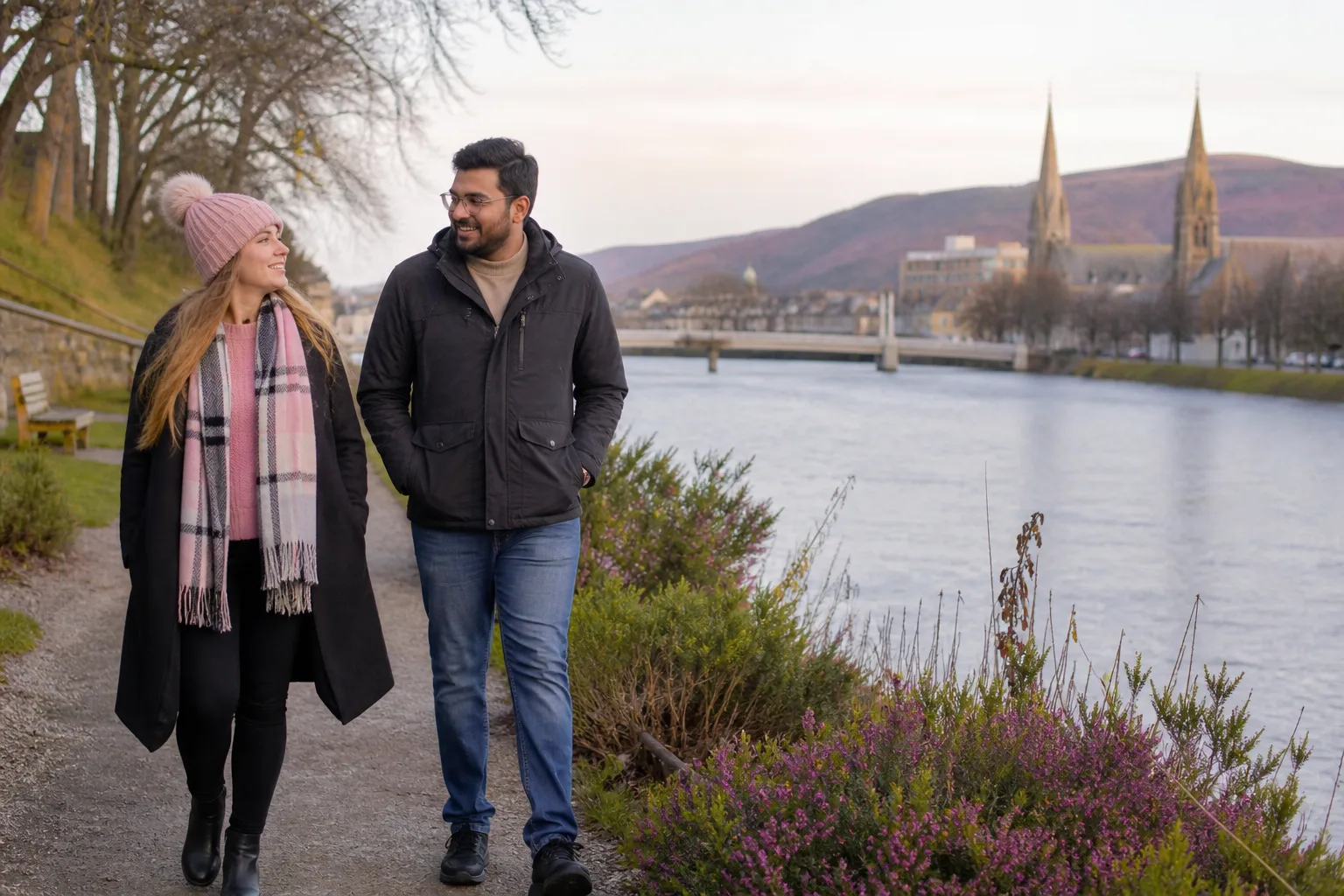 Couple walking beside the River Ness in Inverness