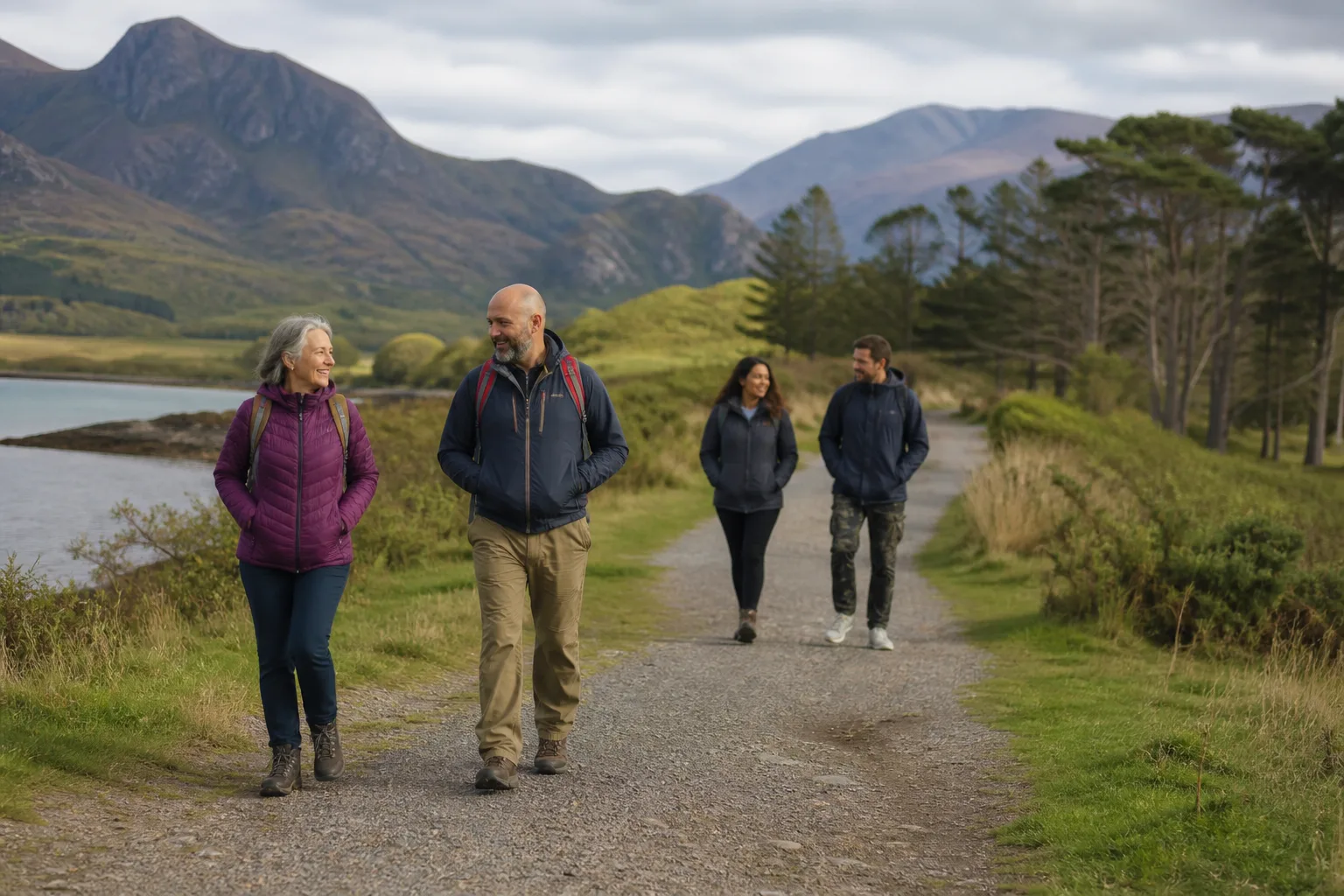People talking at a relaxed social gathering in the Scottish Highlands