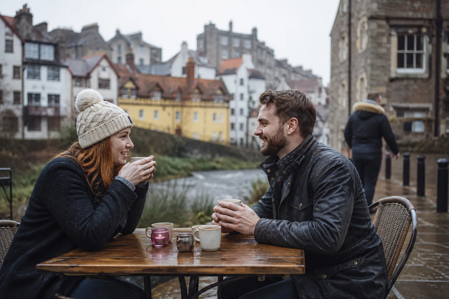 Two people talking over coffee beside the River Ness in Inverness