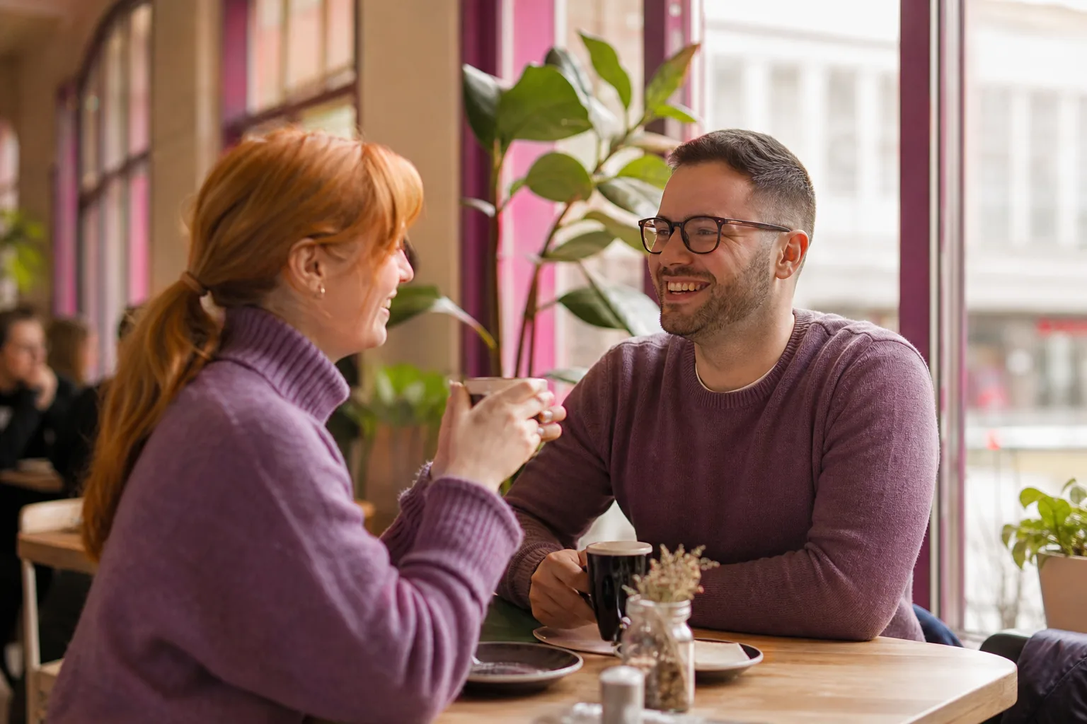 Two people meeting for coffee in Paisley town centre
