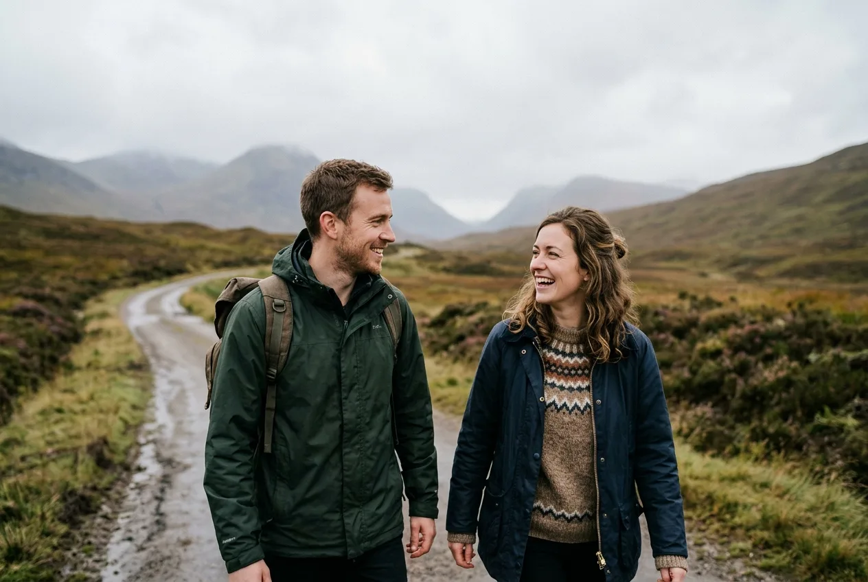 A single-track road winding through a Highland glen in autumn light, mountains in the background