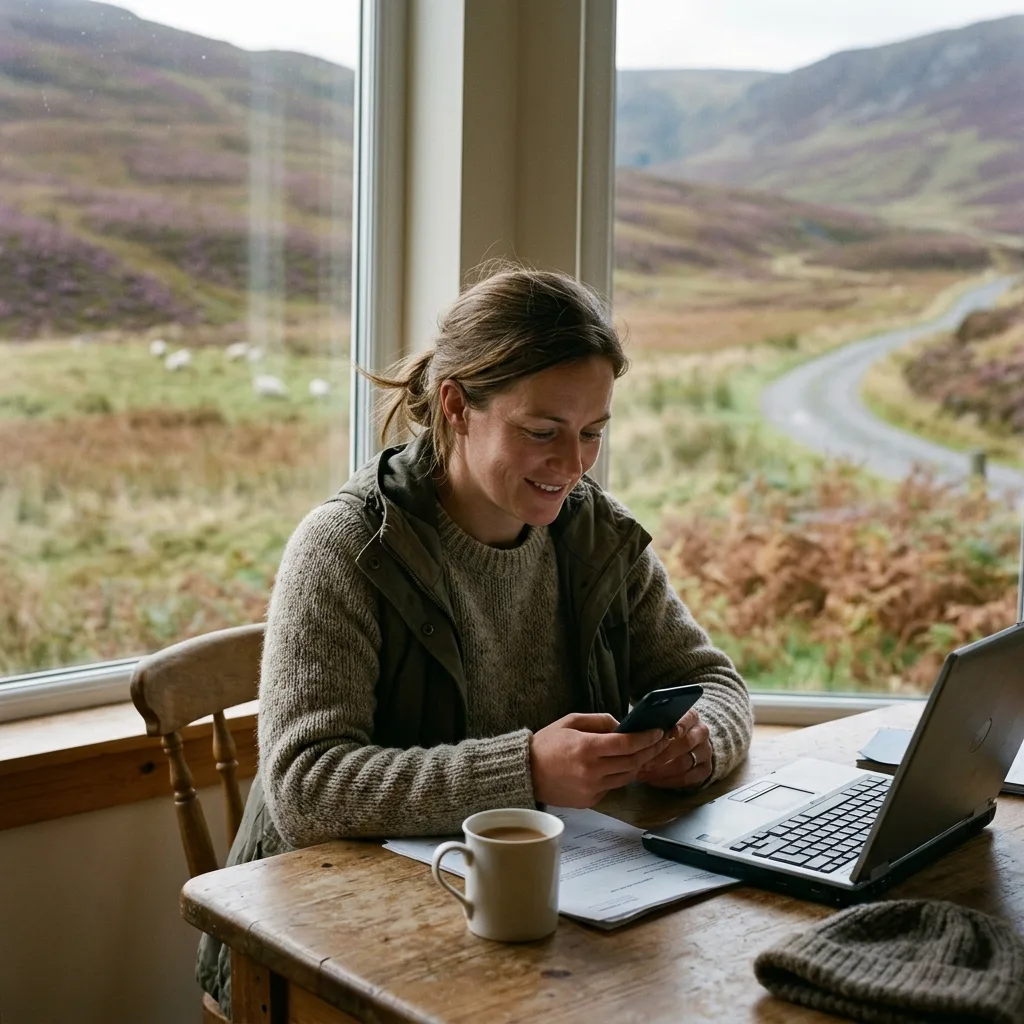 View from a Highland cottage across an empty glen towards distant hills on a clear winter morning