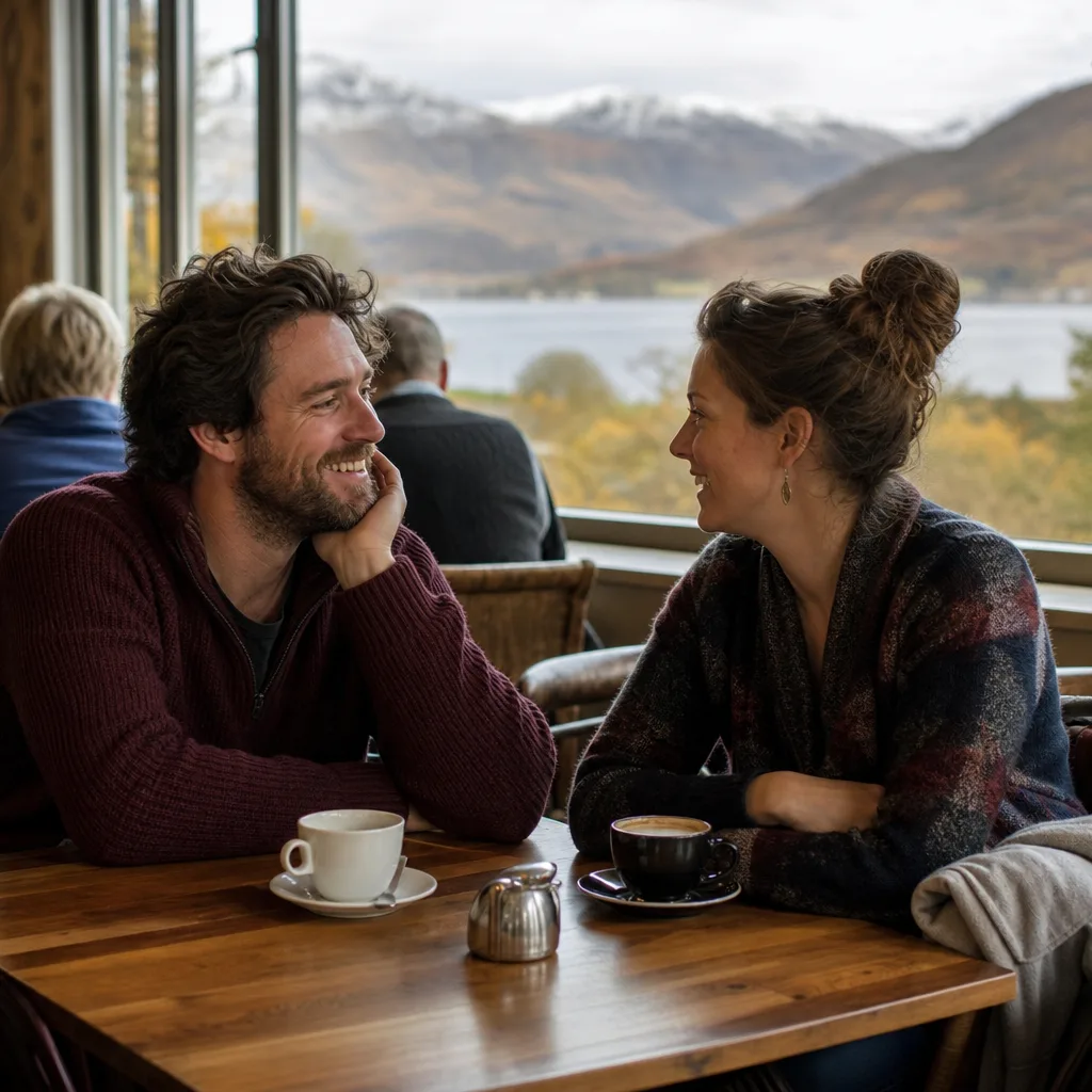 Two adults meeting for coffee in central Fort William