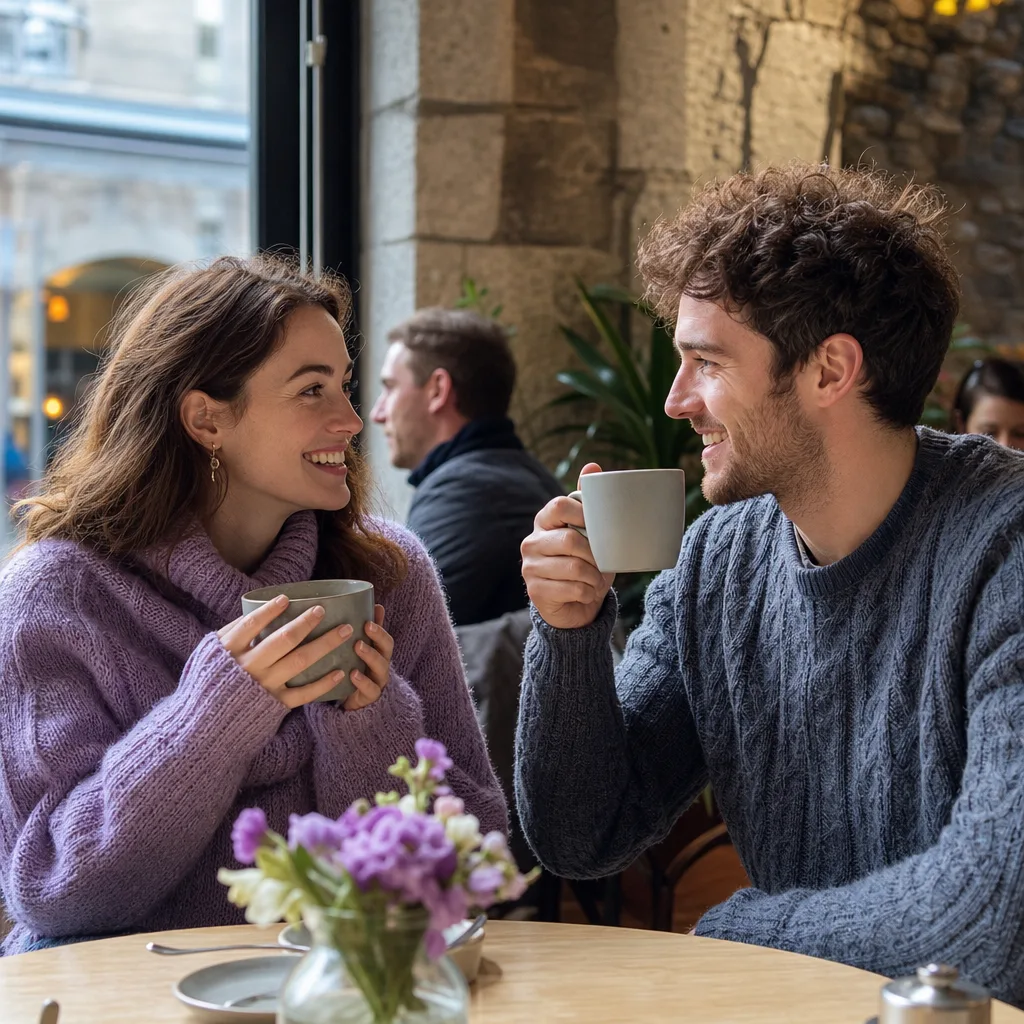 A couple meeting at a bright café table in central Scotland