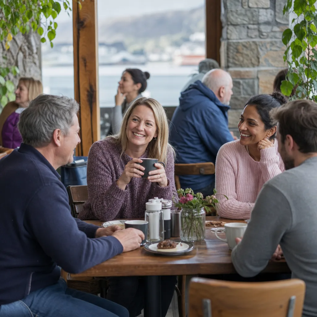 Two people arranging a coffee after a community arts event in the Highlands