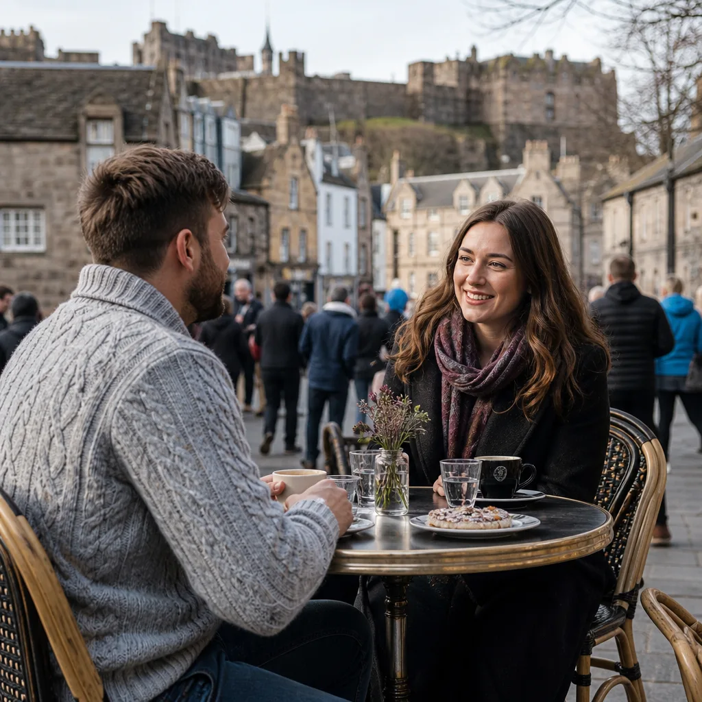 Two adults meeting outside a busy café on an Inverness street
