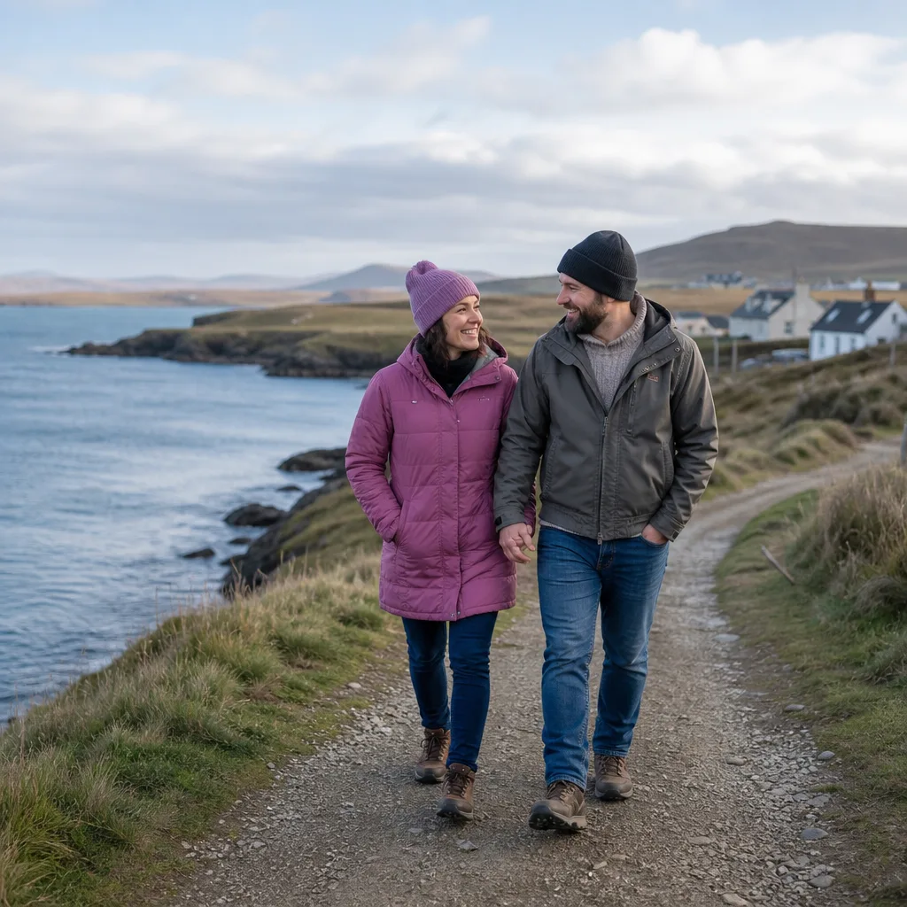 Ferry travelling between islands in the Shetland archipelago